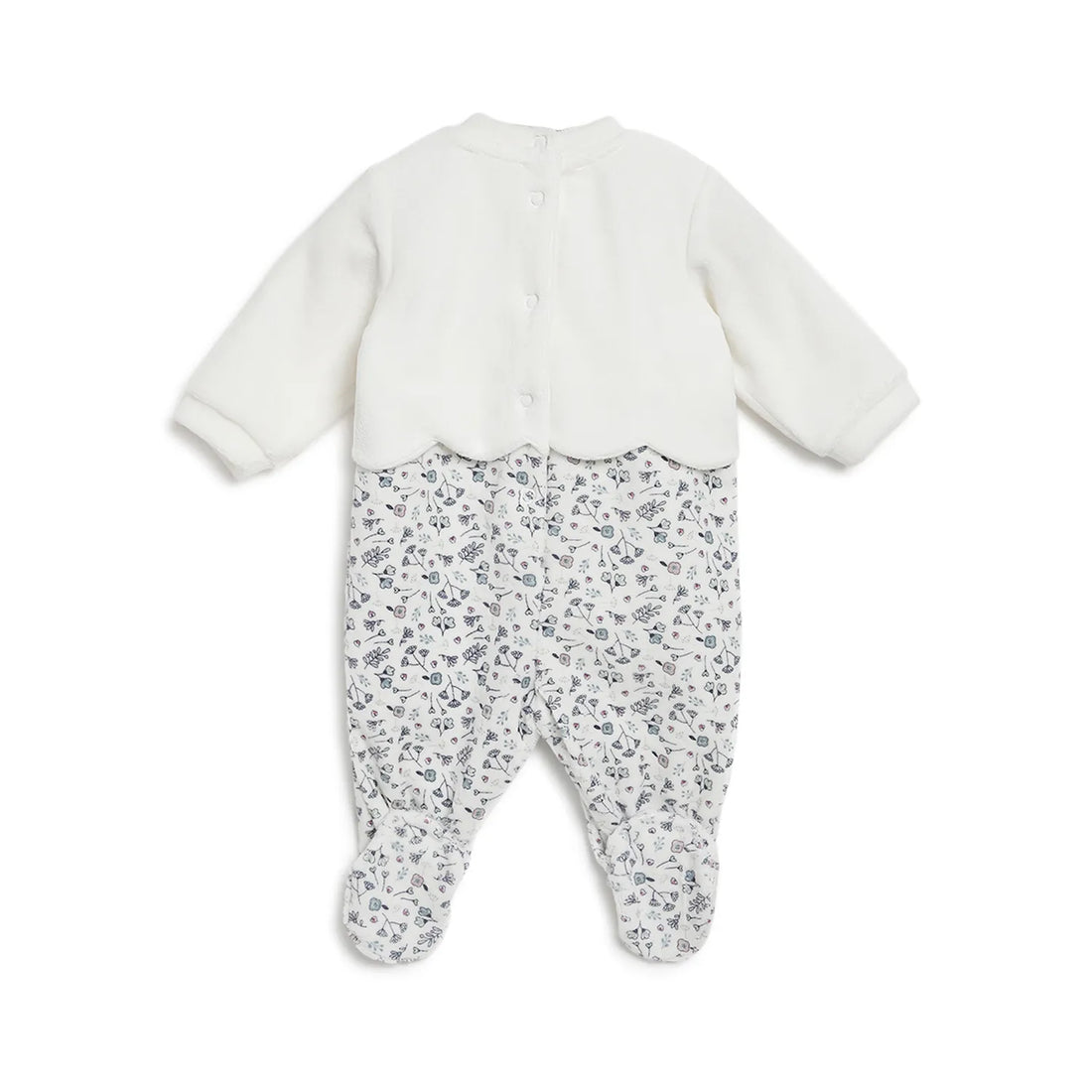 Girls White &amp; Grey Printed Leg Opening Babysuit
