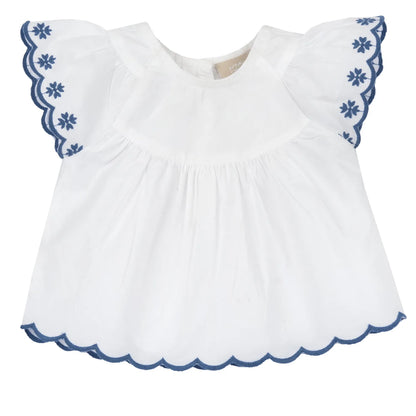 Girls White and Light Blue Embroidered Top