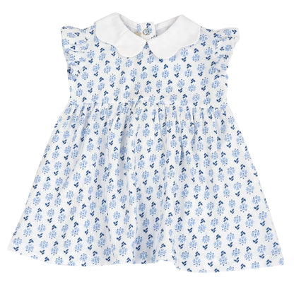Girls White and Light Blue Floral Printed Dress
