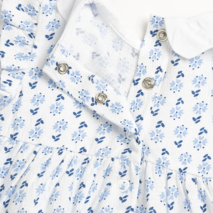 Girls White and Light Blue Floral Printed Dress