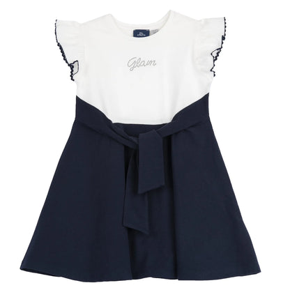 Girls White and Navy Blue Embellished Dress