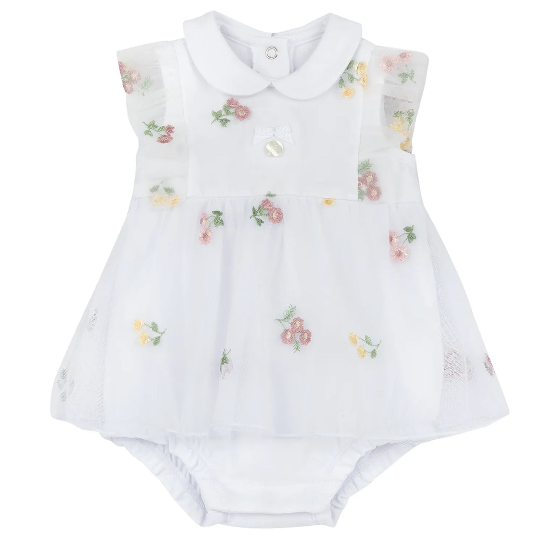 Girls White and Pink Embroidered Romper
