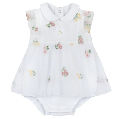 Girls White and Pink Embroidered Romper