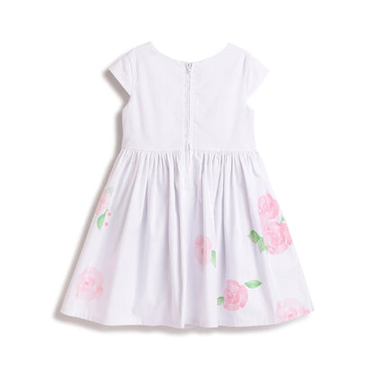 Girls White &amp; Pink Floral Printed Dress