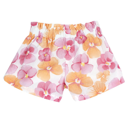 Girls White and Pink Floral Printed Shorts