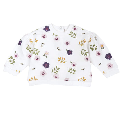 Girls White &amp; Pink Floral Printed Sweatshirt with Long Trouser