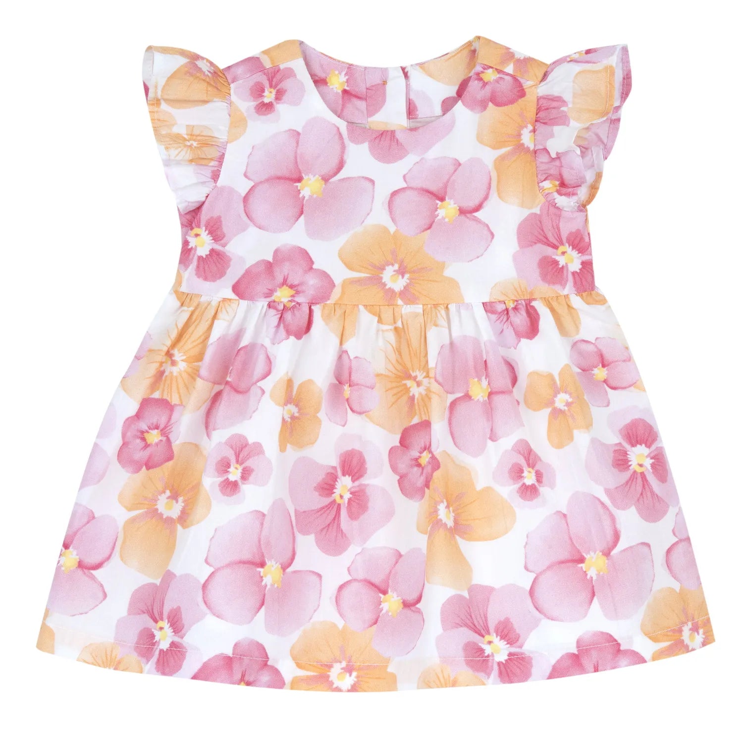 Girls White and Pink Printed Cap Sleeve Dress