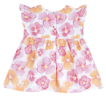 Girls White and Pink Printed Cap Sleeve Dress