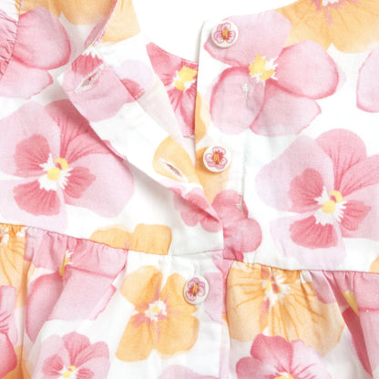 Girls White and Pink Printed Cap Sleeve Dress