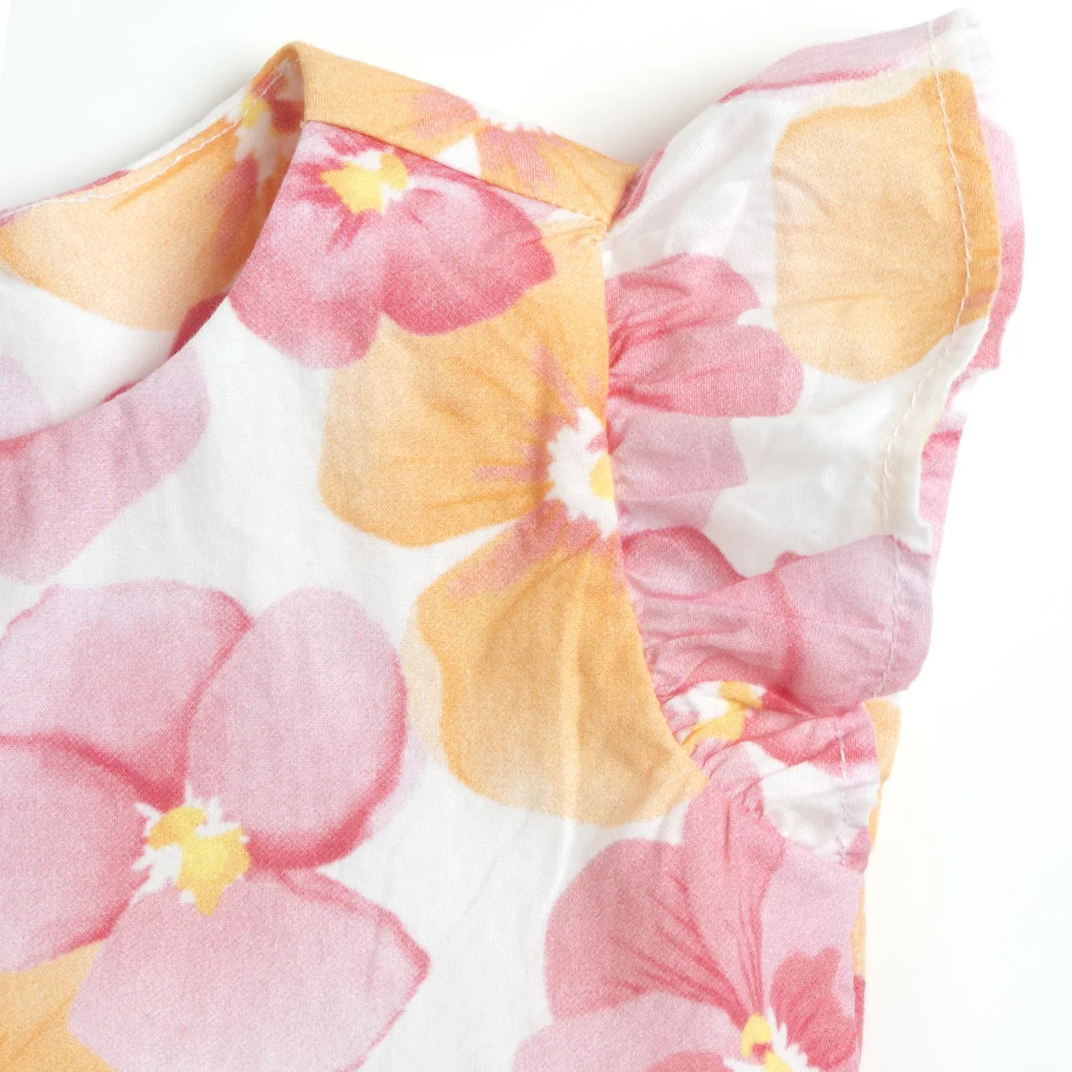 Girls White and Pink Printed Cap Sleeve Dress