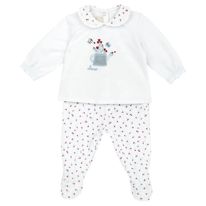 Girls White and Red Embroidered Smock with Leggings