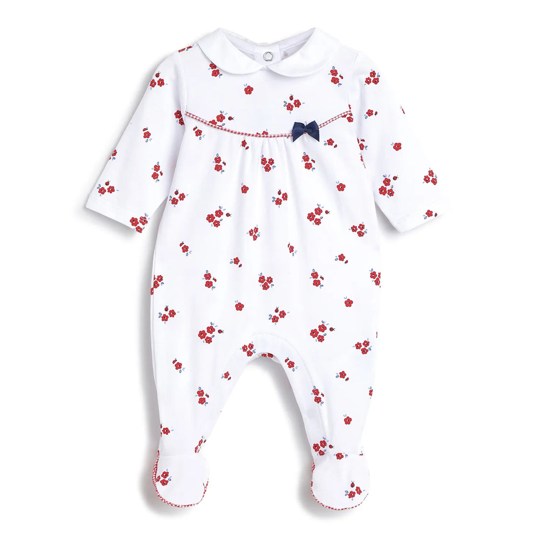Girls White &amp; Red Printed Leg Opening Babysuit