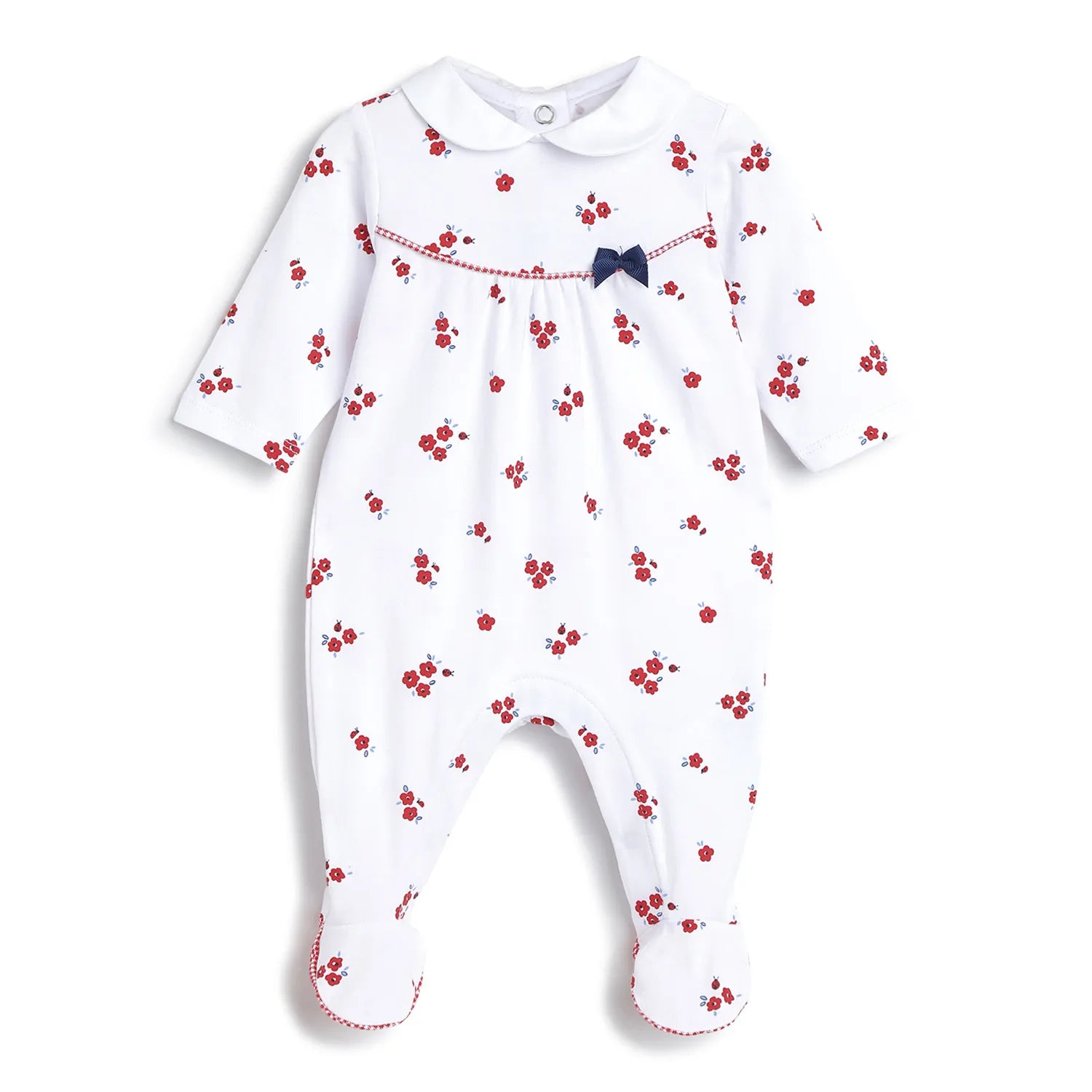 Girls White &amp; Red Printed Leg Opening Babysuit