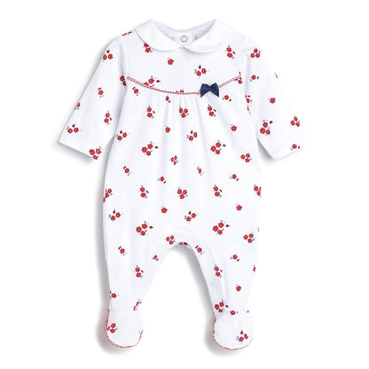 Girls White &amp; Red Printed Leg Opening Babysuit