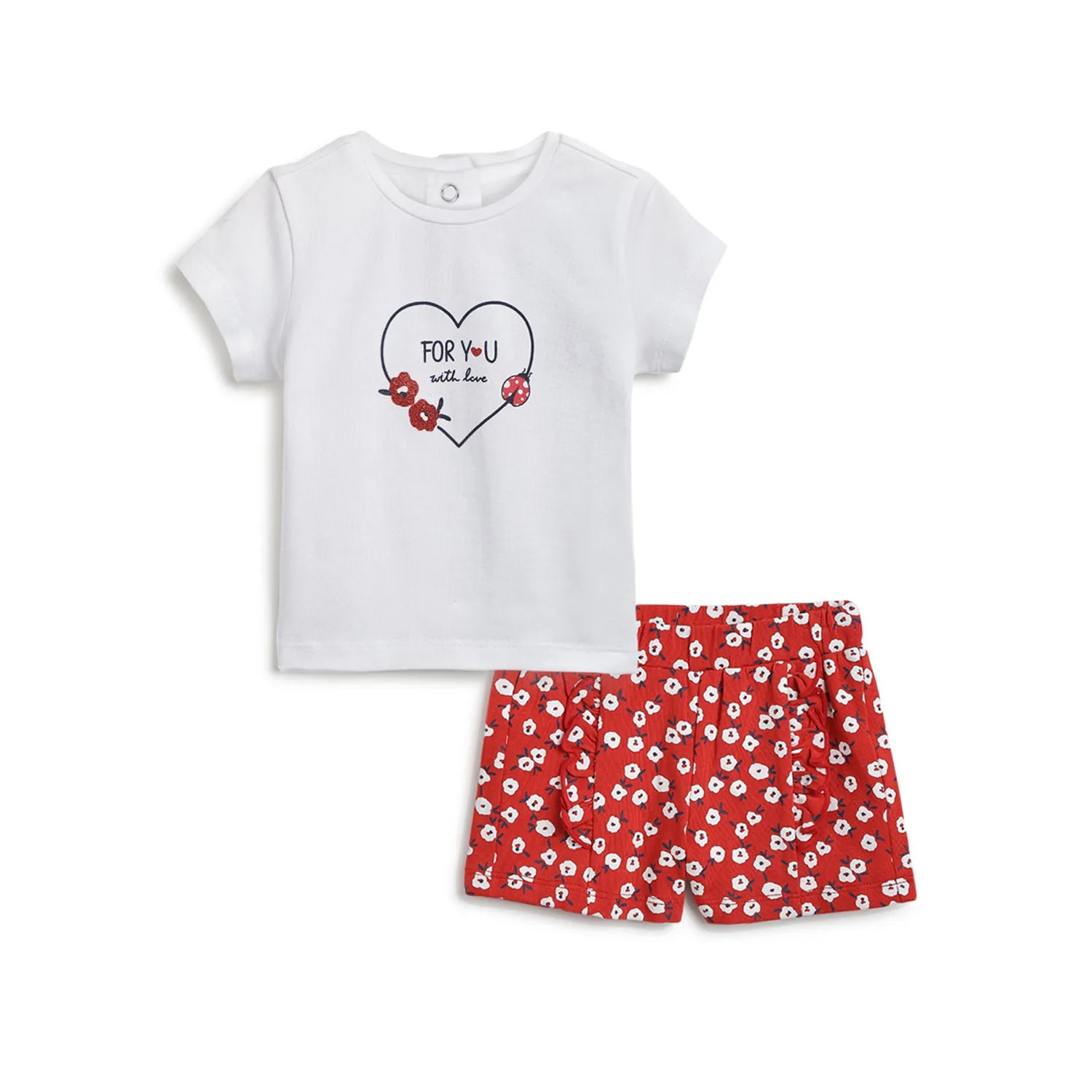 Girls White &amp; Red Printed T-Shirt With Shorts
