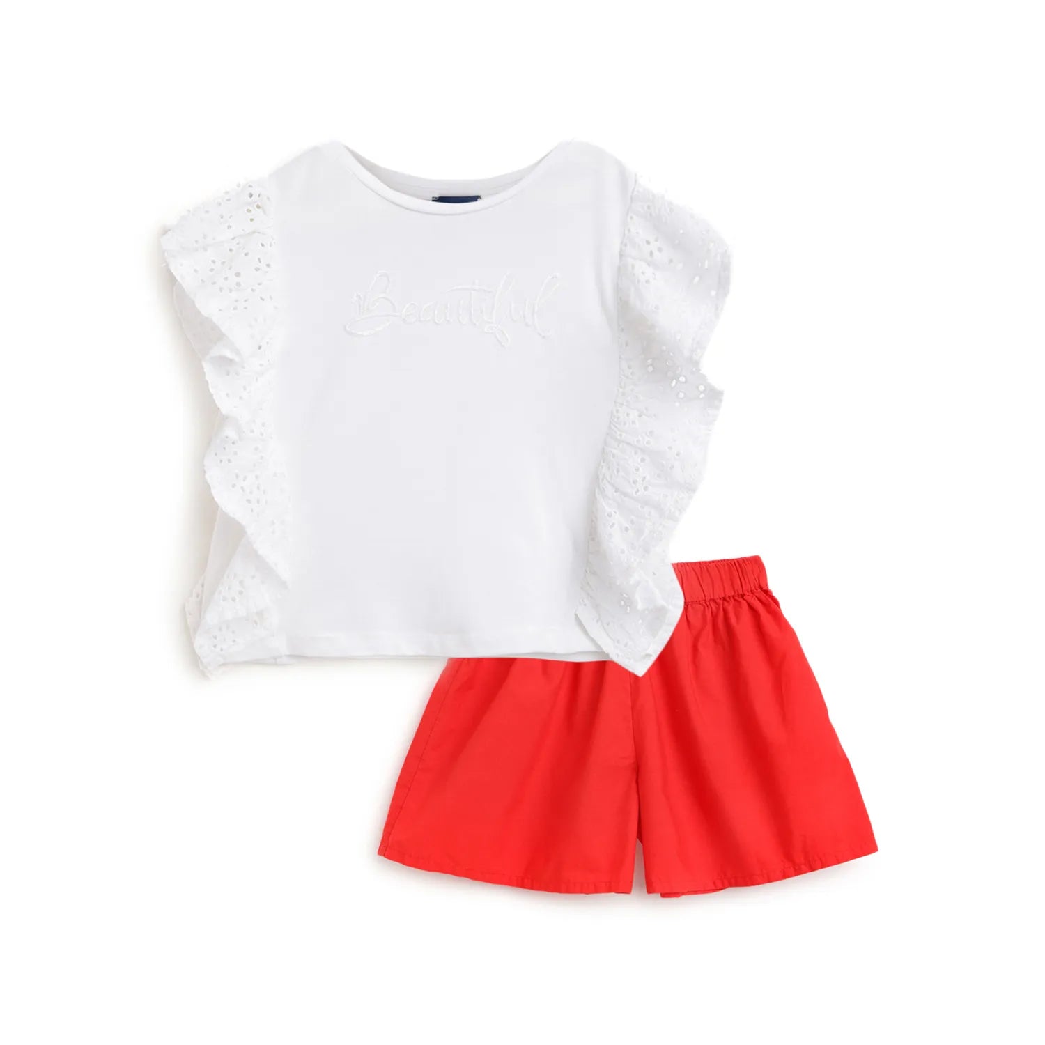 Girls White &amp; Red Ruffled Top With Shorts