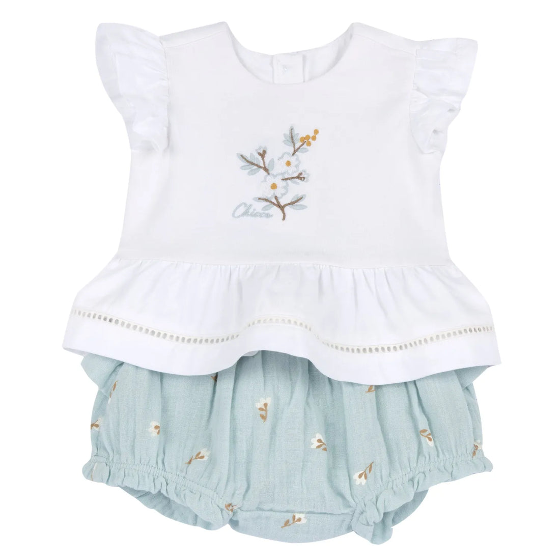 Girls White and Sea Green Embroidered T-Shirt with Shorts