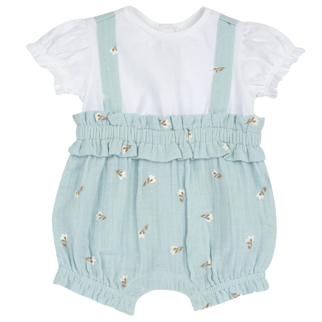 Girls White and Sea Green Printed Romper