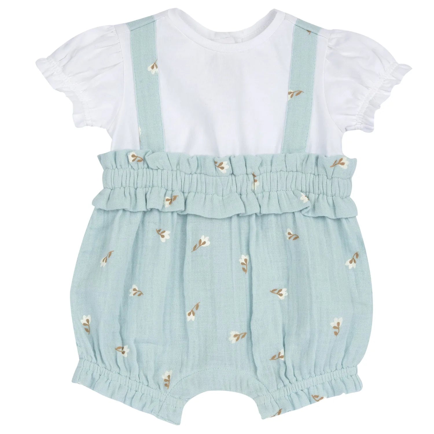 Girls White and Sea Green Printed Romper