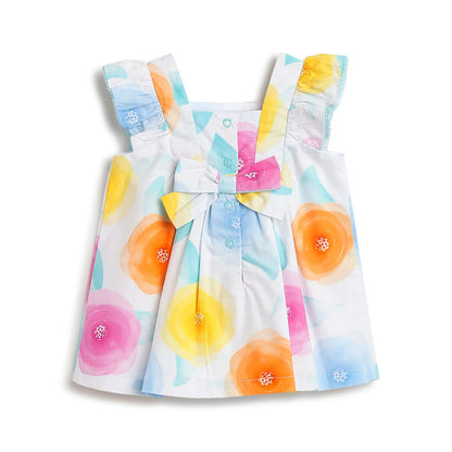 Girls White &amp; Yellow Floral Printed Dress