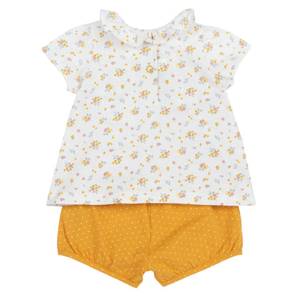 Girls White and Yellow Floral Printed Top with Shorts