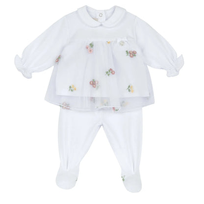 Girls White Embroidered Smock with Leggings