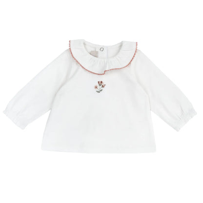 Girls White Floral Embroidered Long Sleeve Top