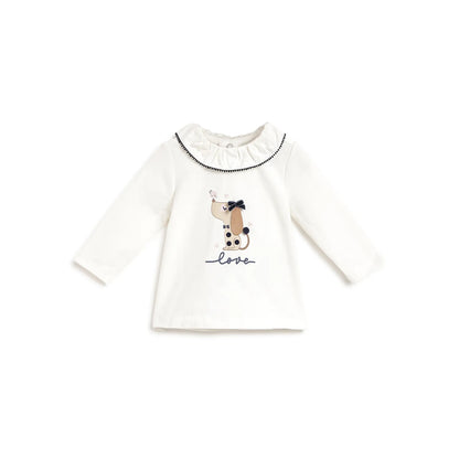 Girls White Printed Applique T-shirt
