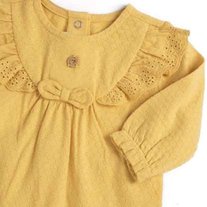 Girls Yellow Self Design Back Opening Babysuit
