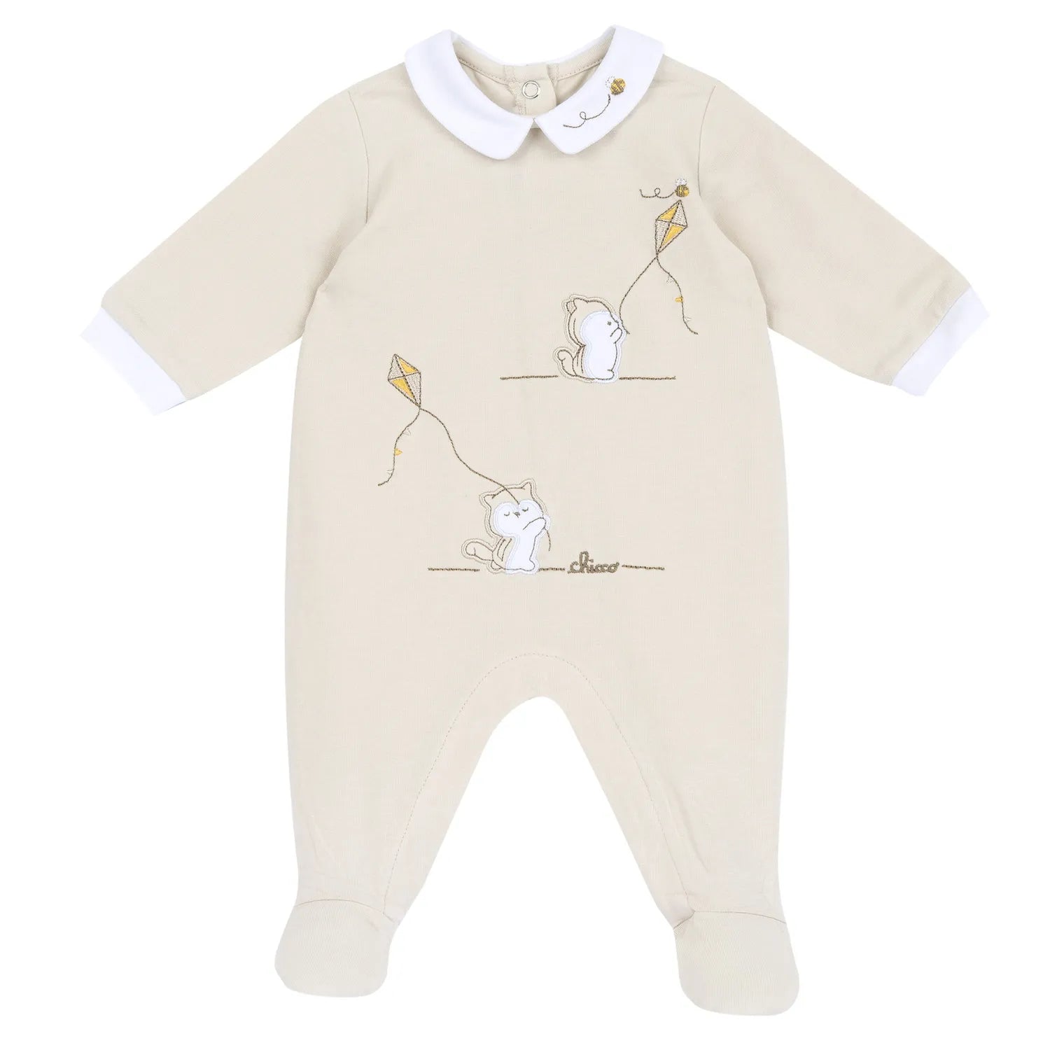 Infants Beige Printed Back Opening Babysuit