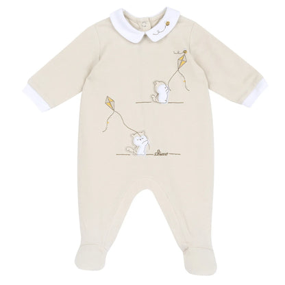 Infants Beige Printed Back Opening Babysuit