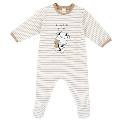 Infants Beige Striped Back Opening Babysuit