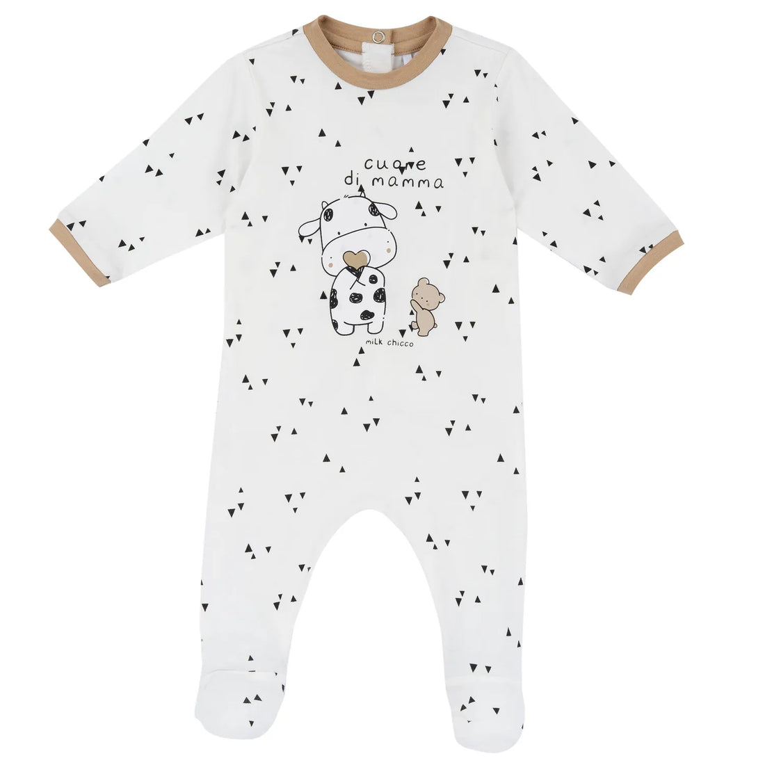 Infants White and Beige Printed Back Opening Babysuit