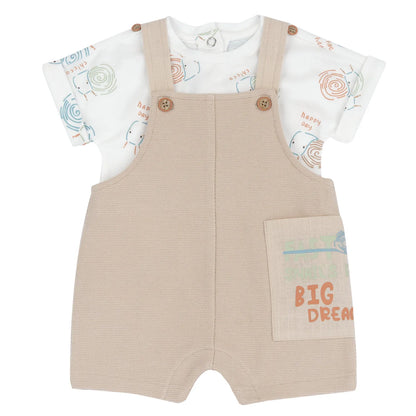 Infants White and Beige Printed Bodysuit with Dungaree