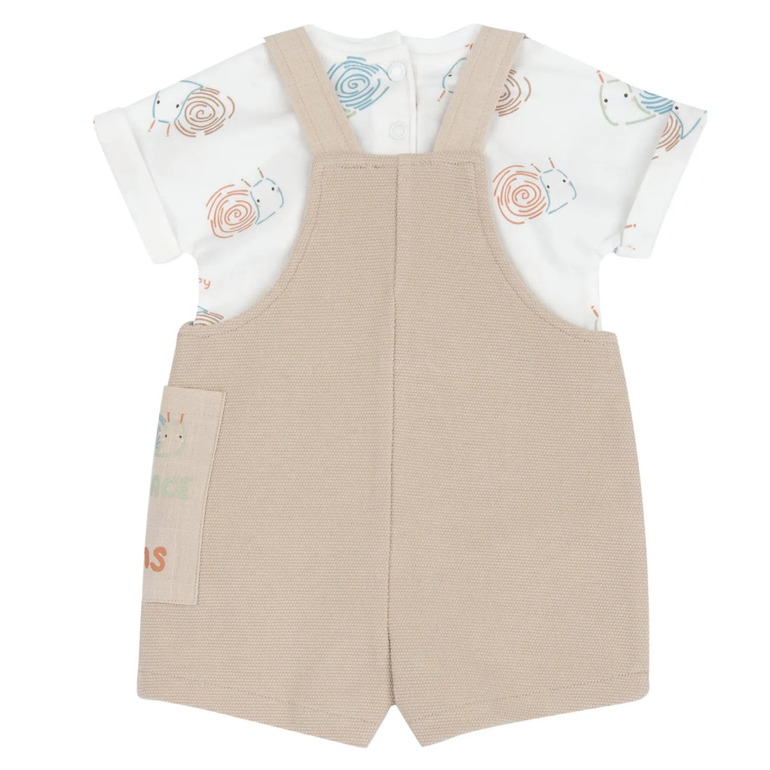 Infants White and Beige Printed Bodysuit with Dungaree