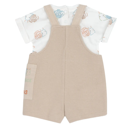 Infants White and Beige Printed Bodysuit with Dungaree