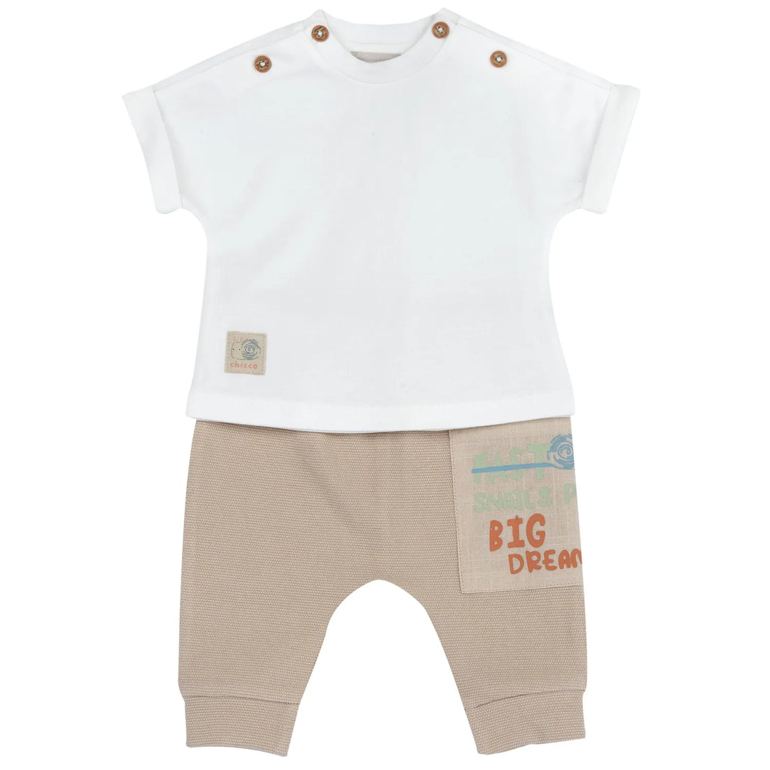 Infants White and Beige Solid T-Shirt with Trouser