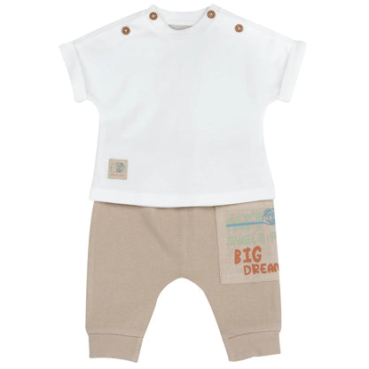 Infants White and Beige Solid T-Shirt with Trouser