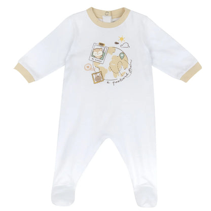 Infants White Animal Printed Back Opening Babysuit