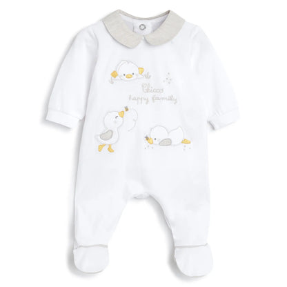 Infants White Printed Nappy Opening Babysuit
