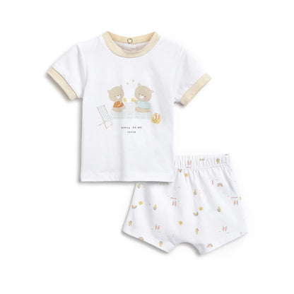 Infants White Printed T-Shirt With Shorts