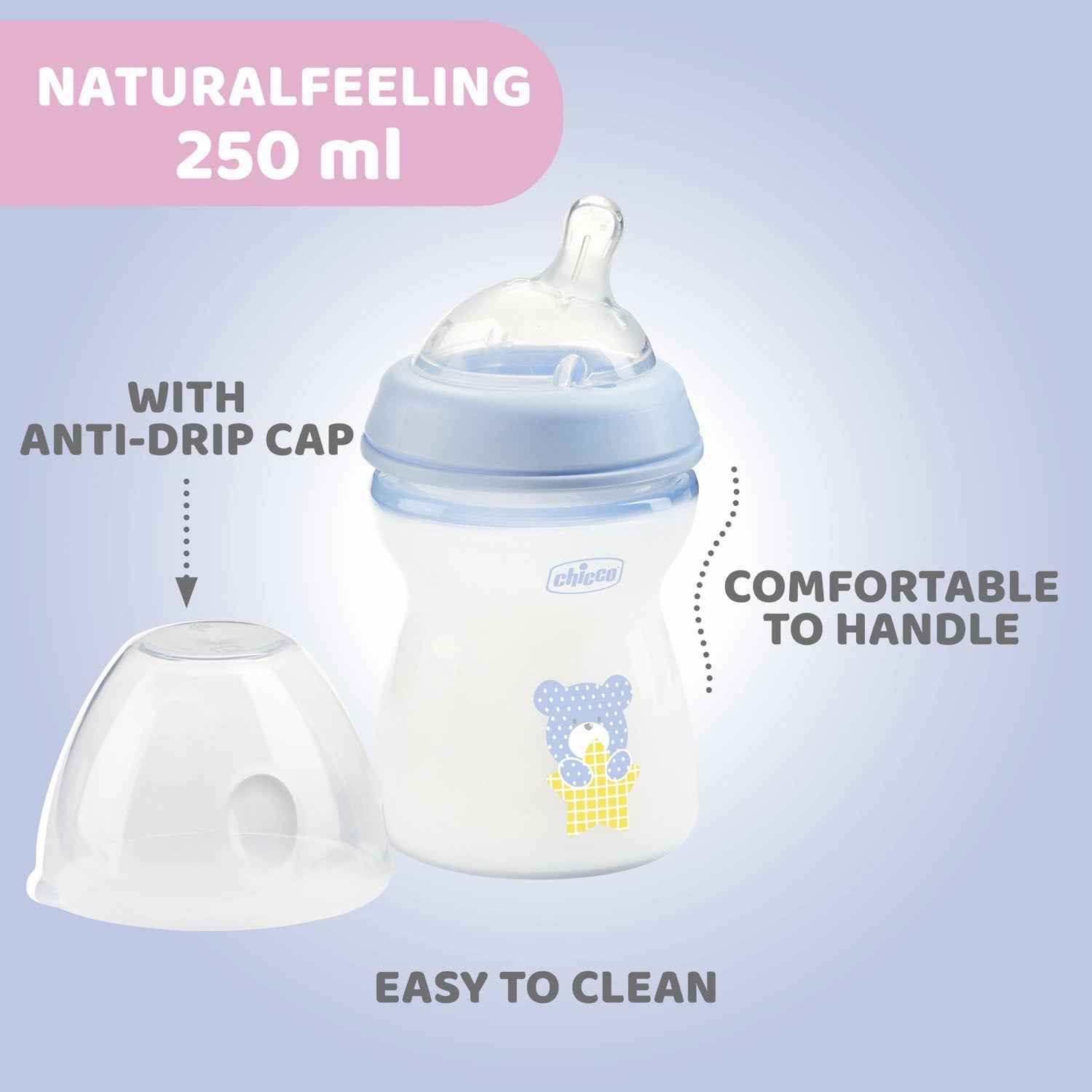 Natural Feeling Medium Flow Baby Bottle 2M+ 250ML Blue