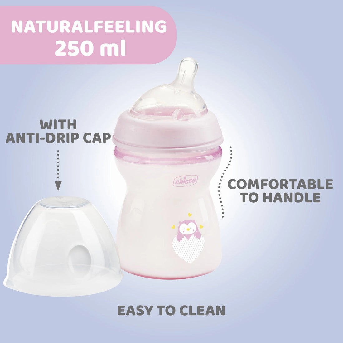 Natural Feeling Medium Flow Baby Bottle 2M+ 250ML Pink