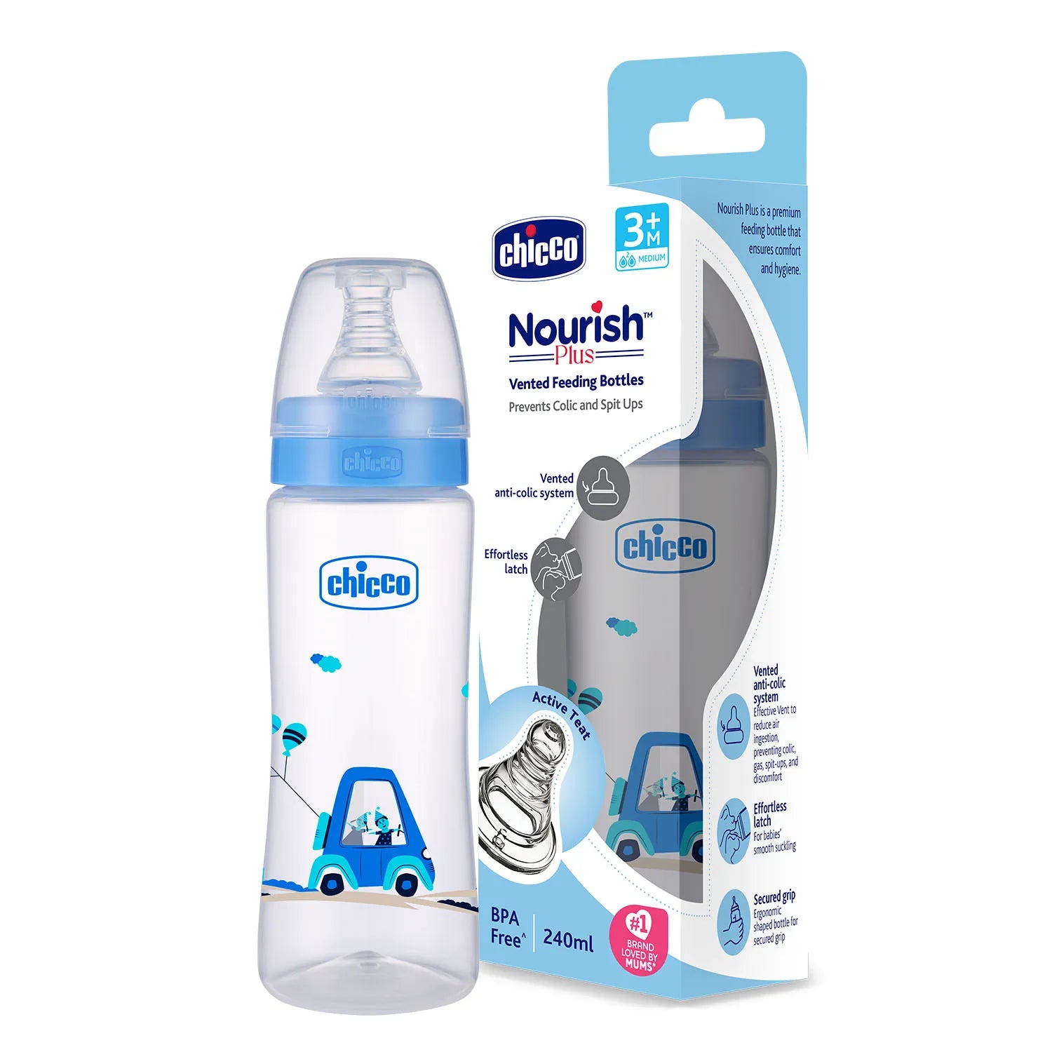 Nourish Plus Medium Flow Baby Bottle 240ml 3M+ Blue