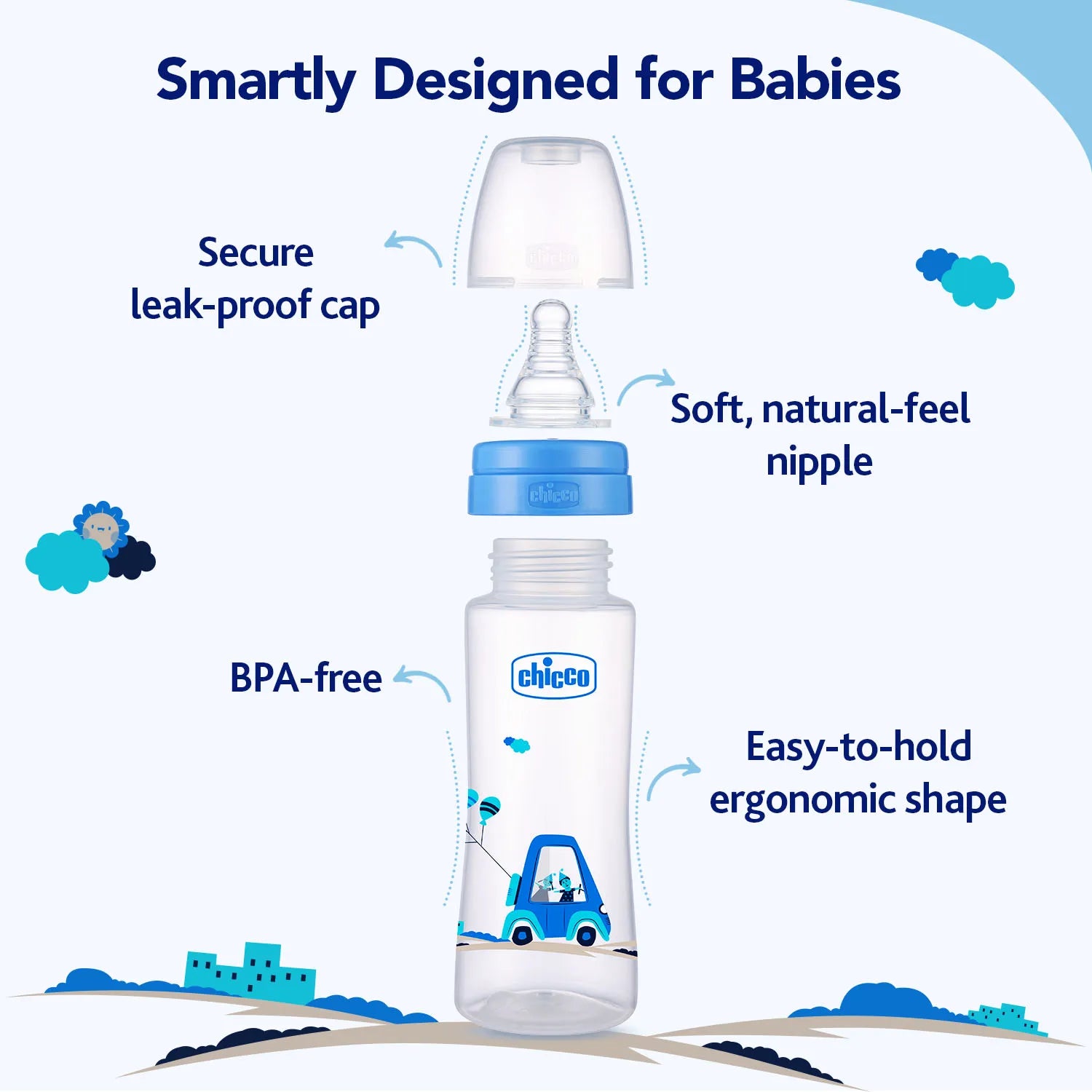 Nourish Plus Medium Flow Baby Bottle 240ml 3M+ Blue
