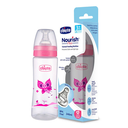Nourish Plus Medium Flow Baby Bottle 240ml 3M+ Pink