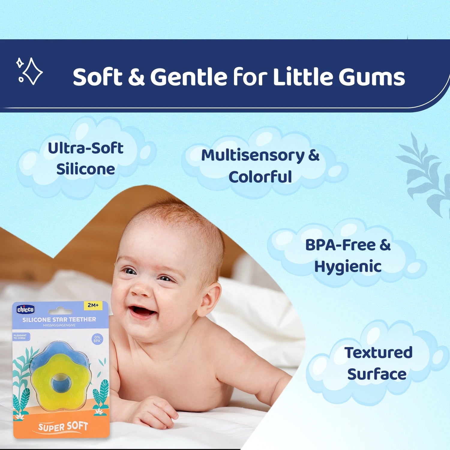 Teether Supersoft Star 2M+ 2Pc Blue &amp; Yellow