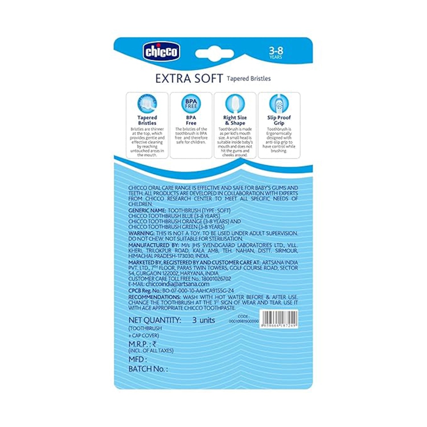 Toothbrush Set 3Y to 8Y Blue Orange &amp; Green Pack of 3