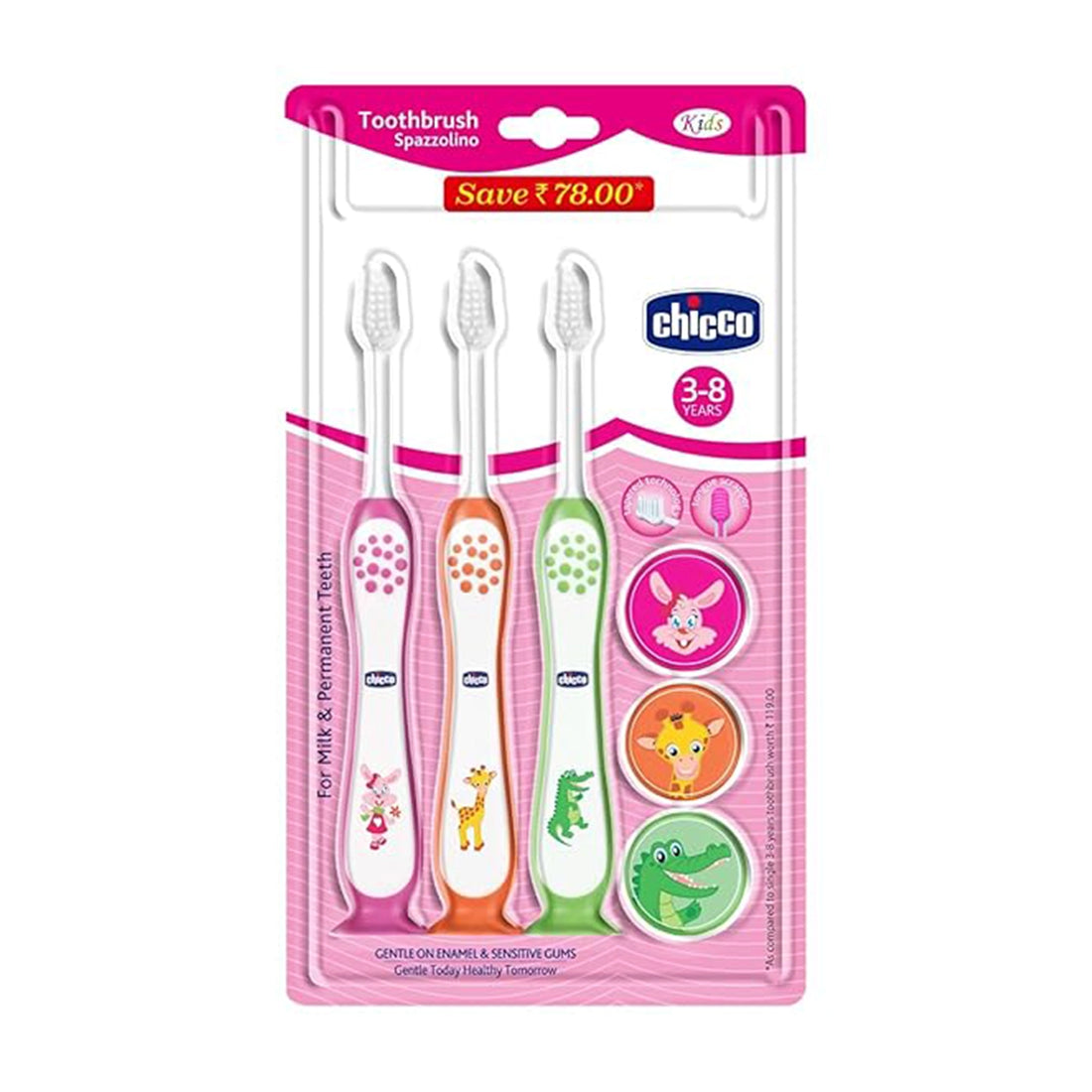 Toothbrush Set 3Y to 8Y Pink Orange &amp; Green Pack of 3