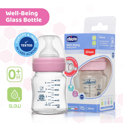 Well Being Glass Feeding Bottle 120ml  Pink Slow Flow 0M+
